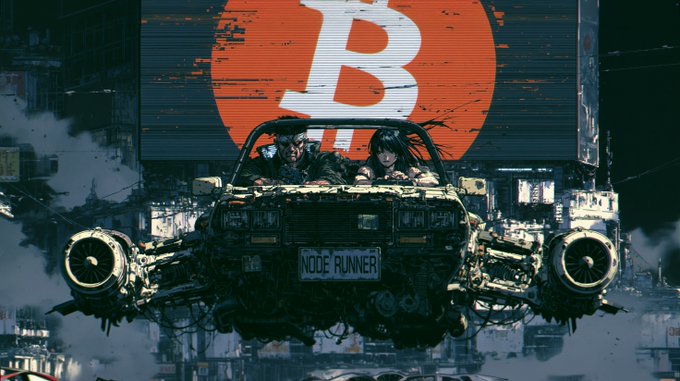A cyberpunk-style illustration of people riding in a flying, heavily modified vehicle with a license plate reading 'NODE RUNNER', set against a backdrop featuring a large red and white 'B' logo.