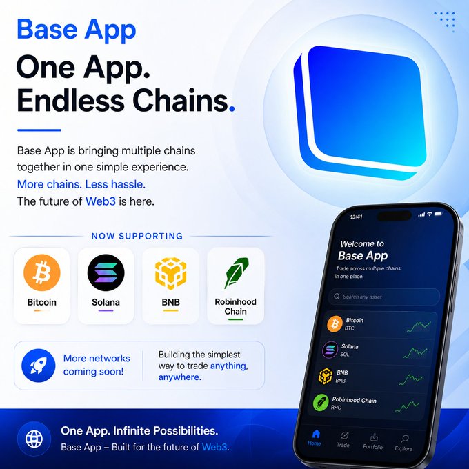The image is a promotional graphic for "Base App" featuring the tagline "One App. Endless Chains." and displays supported blockchains including Bitcoin, Solana, BNB, and Robinhood Chain alongside a smartphone mockup showing the app interface. The visual directly reinforces the post's message by showcasing Base App's multi-chain capability, highlighting the very chains ($BTC, $SOL, $BNB, and Robinhood Chain) mentioned in the accompanying text, along with a "More networks coming soon!" badge that aligns with the post's anticipation of future additions.