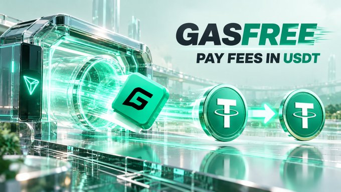 A futuristic green-toned graphic promotes "GASFREE" with the tagline "PAY FEES IN USDT," featuring a glowing portal device, a green "G" cube, and two USDT (Tether) coins connected by an arrow. The image visually reinforces the post's message by symbolizing the seamless conversion process that allows TRON network fees to be covered directly in USDT, eliminating an extra step for users.