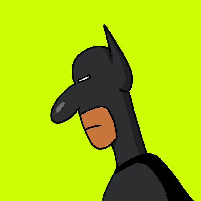 A minimalist cartoon illustration of a black bird-like character with an orange beak against a bright green background.