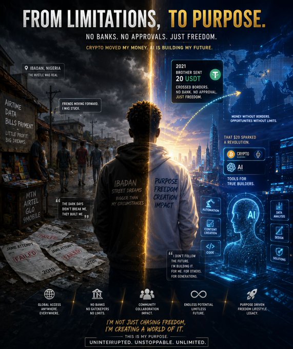 The image shows a poster with two contrasting scenes, one of a man standing alone against a city skyline and another scene depicting people walking away from an empty street. The poster also includes various text elements related to the concept of "from limitations" and "to purpose".
