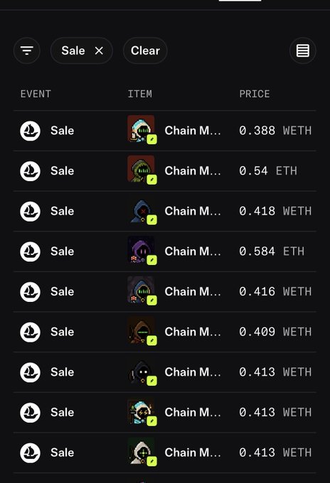 A mobile app marketplace interface filtered by 'Sale' events, displaying multiple NFT listings for 'Chain M...' items priced between 0.388 WETH and 0.584 ETH.