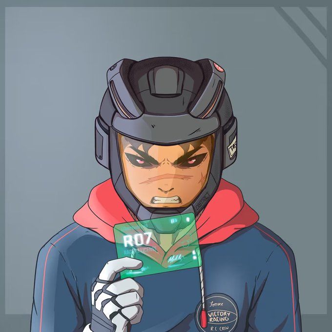 The image features a person wearing a helmet with goggles and holding a green card that says "R07" on it, which appears to be a ticket or pass for an event. The person also has a baseball cap on their head. The background of the image is gray, providing a neutral backdrop that allows the focus to remain on the person's attire and the ticket they are holding.