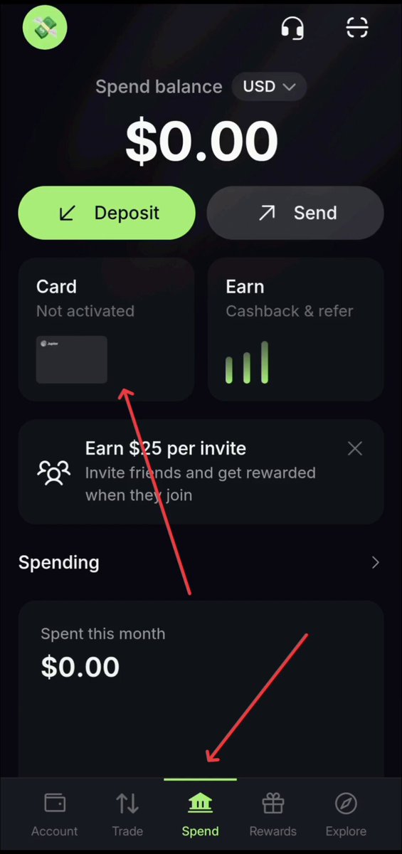 The image shows a detailed screenshot of an app named "@JupiterExchange Card" displayed on a smartphone screen, with green and black hues. The main feature of the app is that users can earn $25 per month by using the card for their purchases. The app also provides information about spending and transactions, along with a summary of how to use it and where to find more details. It is important to note that this account is not available for Indian users currently due to an ongoing review process in India.