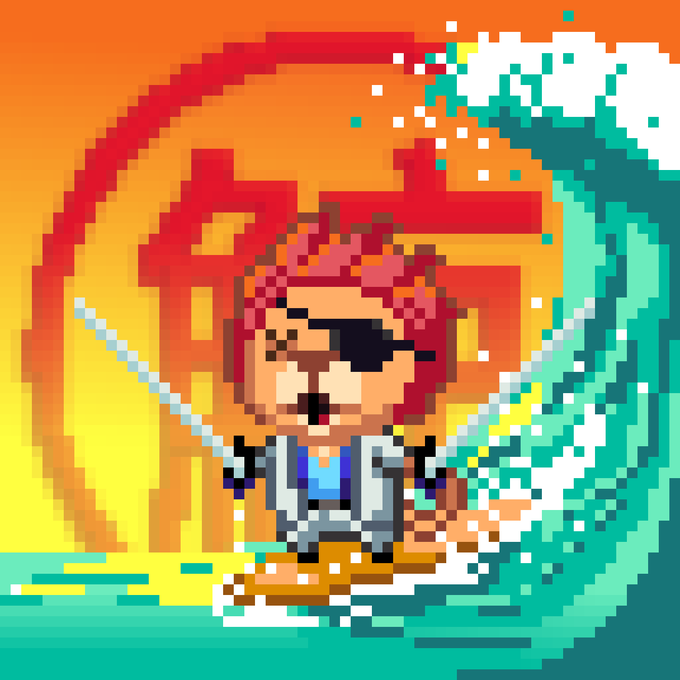 Pixel art illustration of a pirate character with an eyepatch, red bandana, and two swords, set against a tropical sunset background with a large wave.