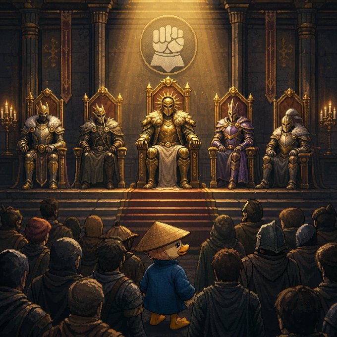 A fantasy artwork depicting a small dog-like character wearing a conical straw hat and blue robe standing before five armored, crowned kings seated on thrones in a grand hall with a fist emblem above.
