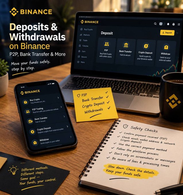 A Binance-branded promotional graphic showing a laptop and smartphone displaying deposit options (P2P, Bank Transfer, Crypto Deposit, Withdraw) alongside a handwritten "Safety Checks" checklist, illustrating the post's guidance on safely moving funds via various Binance deposit methods with emphasis on following platform processes and verifying transaction details.