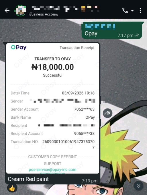 A smartphone screenshot shows a WhatsApp chat with an OPay transaction receipt for a successful transfer of ₦18,000.00 dated 03/09/2026, partially overlaid with an anime character illustration.