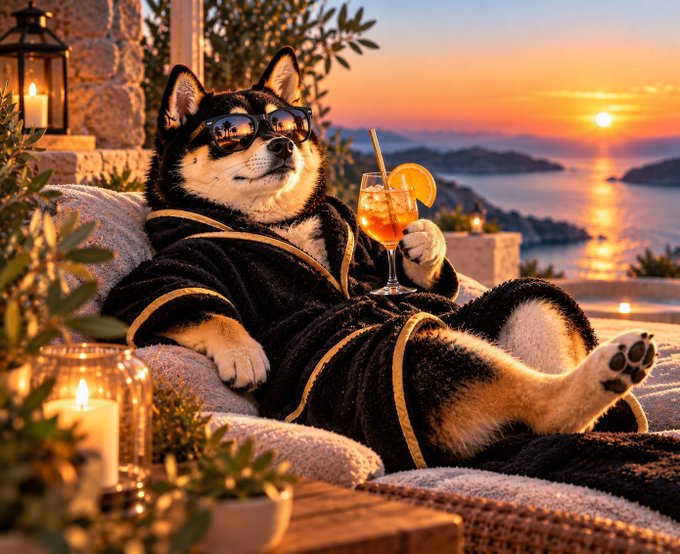 A Shiba Inu dog wearing sunglasses and a black and gold robe reclines on a lounge chair, holding an orange cocktail garnished with a slice, with candles and a sunset seascape in the background.