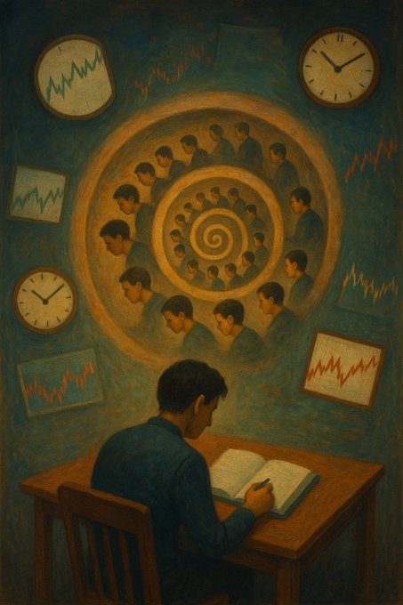 A person sits at a wooden desk writing in a notebook, gazing toward a glowing spiral of their own repeated profile surrounded by clocks and stock-chart graphs—visually mirroring the tip's message that self-reflection across market cycles reveals the patterns shaping one's future results.