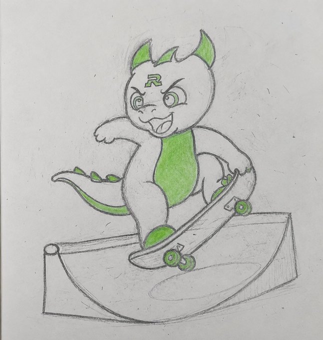 A hand-drawn sketch of a green and white cartoon dragon with the letter 'R' on its forehead, riding a skateboard on a ramp.