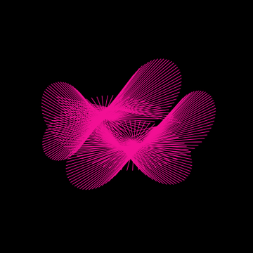 An abstract pink geometric shape resembling a butterfly or atom made of intersecting line patterns on a black background.