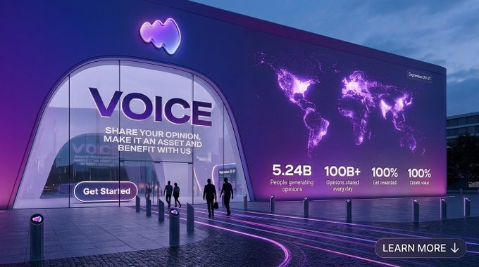A futuristic purple-lit storefront displays the "VOICE" platform branding with the tagline "SHARE YOUR OPINION, MAKE IT AN ASSET AND BENEFIT WITH US" alongside a glowing world map showing global reach with metrics like "5.24B People generating opinions" and "100B+ Opinions shared everyday." The image visually reinforces how the @voicecc platform transforms everyday opinions into a worldwide, value-generating asset network.