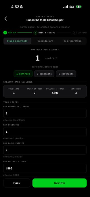 A mobile screen displays the Cortex Agent subscription setup for "BT Cloud Sniper," showing risk and sizing parameters including 1 contract per signal, max 3 contracts/trade, 1 max position, 2 max daily entries, and $800 max dollars/trade, ready for review. This configuration interface relates directly to the announcement of Cortex Trading Agents going live for Monthly Members, as it illustrates the automated options execution controls members will be able to customize.