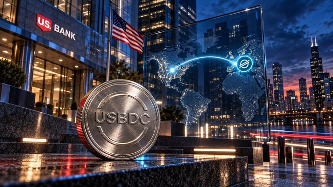 A promotional image showing a silver USDC coin in front of a U.S. Bank building with a holographic world map displaying a connection arc, suggesting global USDC banking integration.