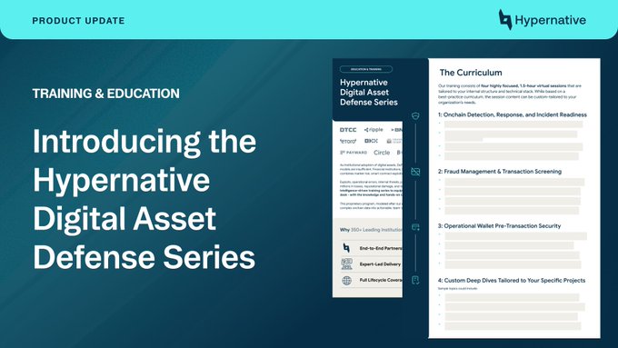 A Hypernative product update page announcing 'The Hypernative Digital Asset Defense Series' with a 'Training & Education' header and a curriculum showing topics like Onchain Detection, Fraud Management, and Operational Wallet Pre-Transaction Security.