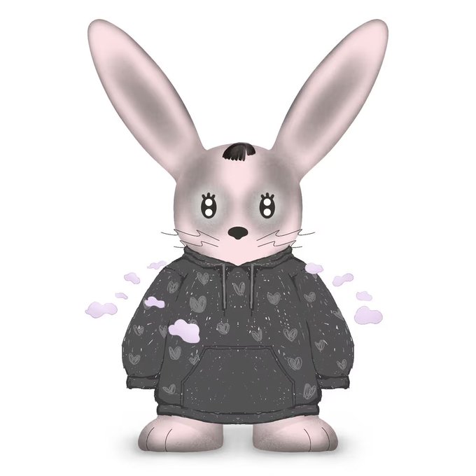 A 3D illustration of a stylized gray bunny character wearing a dark speckled hoodie, with long ears and small purple hearts floating around it.