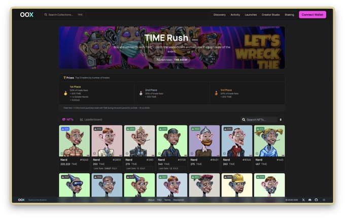 A screenshot of the 'OOX' NFT marketplace website displaying a 'TIME Rush' event with a leaderboard of NFT characters and prize rankings.