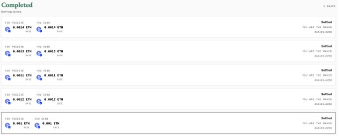 A cryptocurrency transaction history screen shows multiple completed swap transactions with ETH amounts ranging from 0.001 to 0.0014, all marked as 'Settled'.