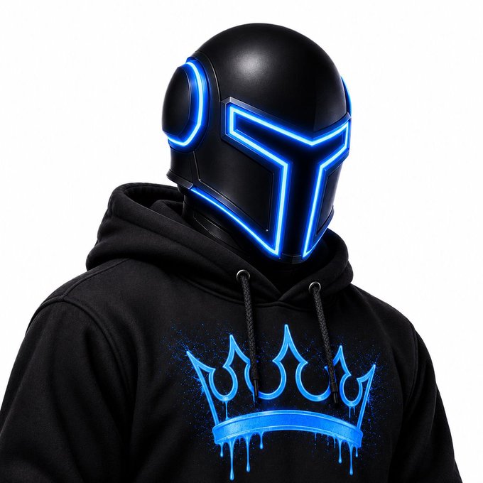 A person wearing a black hoodie featuring a blue crown design with dripping paint, paired with a futuristic black helmet illuminated by glowing blue neon lights.