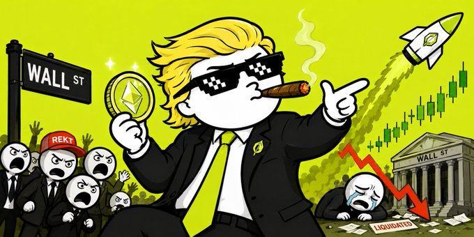 A cartoon caricature of a blonde man in sunglasses holding an Ethereum coin and a cigar stands before Wall Street, with green candlestick charts rising, a rocket launching, and distressed figures labeled REKT and LIQUIDATED.