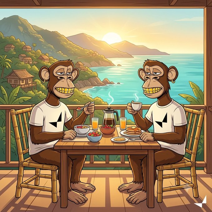 A cartoon illustration of two monkeys with gold teeth sitting at a table eating breakfast, with a coastal village and ocean visible in the background; both monkeys wear shirts featuring the Ethereum logo.
