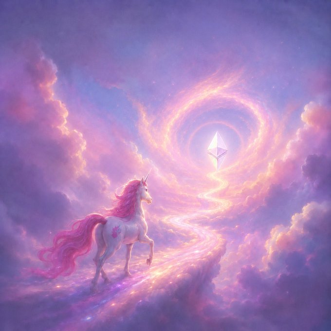 A white unicorn with a flowing pink mane and tail walks along a glowing pink path through pink clouds, toward a glowing Ethereum logo floating at the center of a spiral portal.
