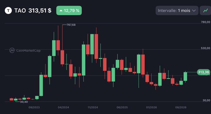 A CoinMarketCap candlestick chart for Bittensor (TAO) over a monthly interval shows the price currently at $313.51, up 12.79%, having rallied from a low of $30.40 in September 2023 to a peak of $767.68 before consolidating. The chart visually reinforces the post's point, highlighting TAO's strong long-term performance despite notable volatility and a significant pullback from its highs.