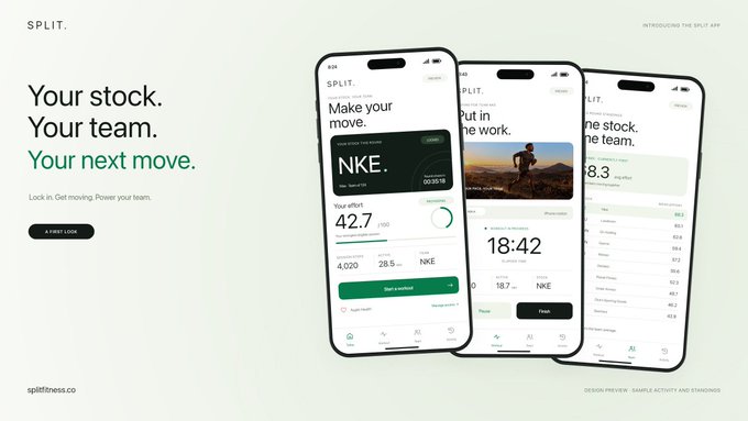 A landing screen for the SPLIT fitness app featuring the tagline "Your stock. Your team. Your next move." displays three smartphone mockups showing stock-style workout metrics including NKE (Nike) at $42.7, 4,020 steps, and 28.5 points, promoting early access registration at splitfitness.co ahead of the app's App Store launch.