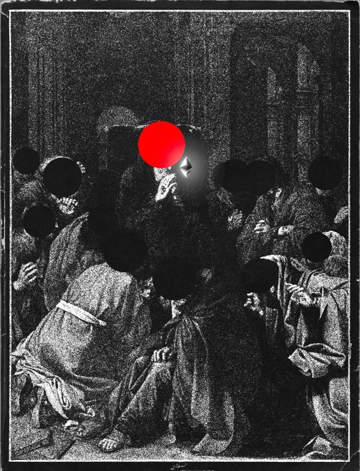 A dark, black-and-white classical painting depicting a religious gathering, altered with several black circles and one red circle obscuring the faces of the figures.