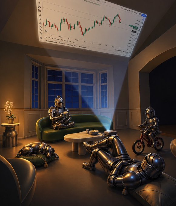 The image depicts a group of robot knights lounging around on couches, with their armor gleaming under soft lighting. There's also a small table set up with cups and various other items nearby. On top of this setup, there is a projection screen displaying a graph or chart related to cryptocurrency trading or Bitcoin specifically. It appears that these robot knights are participating in an event or gathering centered around cryptocurrencies or the world of virtual currencies. The main focus on their enjoyment demonstrates how they use modern technology and the allure of futuristic gadgets while still appreciating more traditional and historical elements, like their gleaming armor.