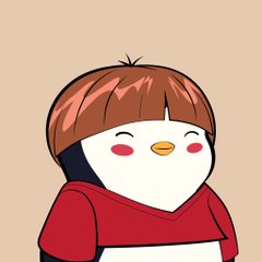 A cute cartoon illustration of a penguin-like character with brown hair, rosy cheeks, a yellow beak, and a red shirt, smiling with closed eyes against a peach background.