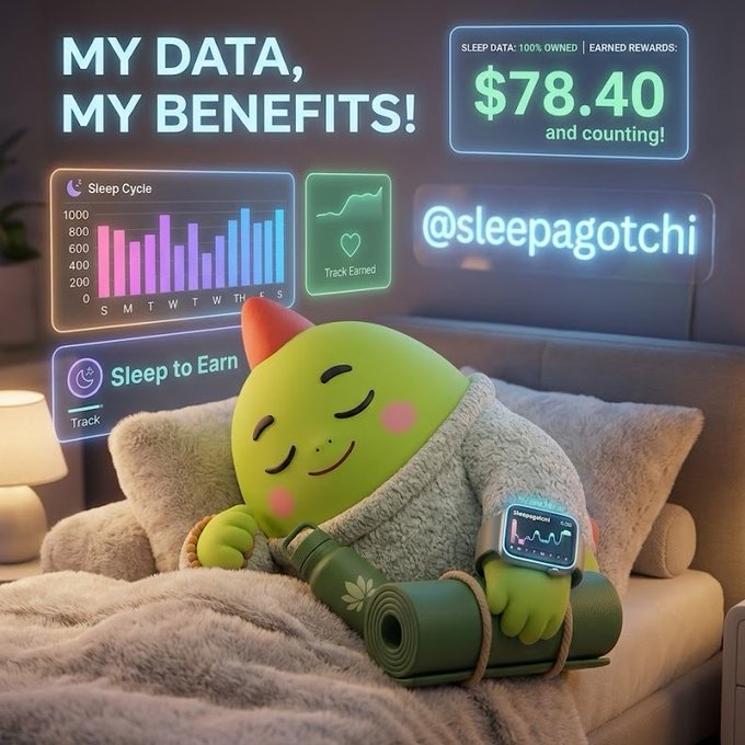 A cozy green virtual pet character naps under a fuzzy blanket while wearing a smartwatch, with glowing HUD elements displaying "MY DATA, MY BENEFITS!" "$78.40 and counting!" and a "Sleep to Earn" tracker with weekly sleep cycle stats at @sleepagotchi—visually reinforcing the post's message about users owning and profiting from their own sleep data.