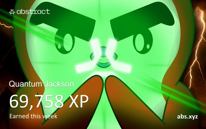 A digital graphic featuring an angry green cartoon face with glowing eyes and lightning effects, displaying text 'Quantum Jackson', '69,758 XP', and 'Earned this week' with the 'abstract' logo in the corner.