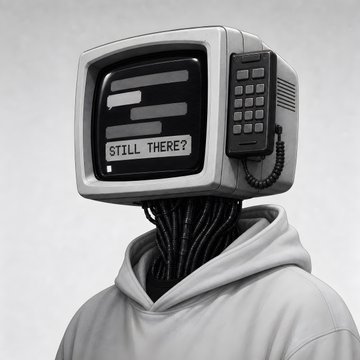 A grayscale digital illustration depicts a humanoid figure in a hoodie with an old CRT television for a head, displaying the text 'STILL THERE?' on its screen.