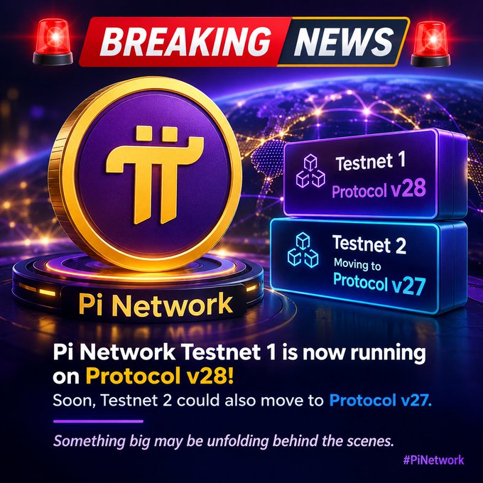 A promotional graphic for Pi Network announces that "Testnet 1 is now running on Protocol v28!" with a teaser that "Testnet 2 could also move to Protocol v27," suggesting significant behind-the-scenes development. The image complements the post's discussion of unconfirmed Protocol 28 reports, visually emphasizing the speculative nature of the claim.