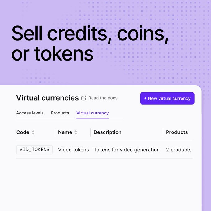 A promotional graphic reading "Sell credits, coins, or tokens" displays a user interface for managing virtual currencies, showing a table entry for "Video tokens" used for video generation.