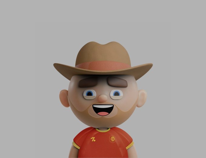 A cheerful 3D cartoon avatar of a man wearing a brown cowboy hat and a red "FC" jersey smiles brightly, matching the post's promotion of newly minted unique avatars for @ofc_the_club.
