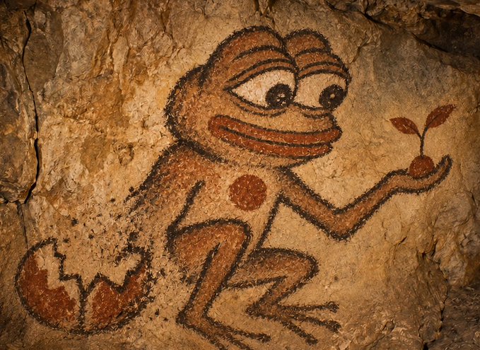 A rock painting on a cave wall shows a brown cartoon frog with large eyes holding a small sprouting plant, with an eggshell behind it.