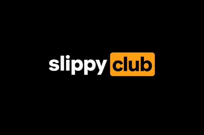 A logo image displaying 'slippy club' text with 'slippy' in white and 'club' in black on an orange background, set against a black backdrop.
