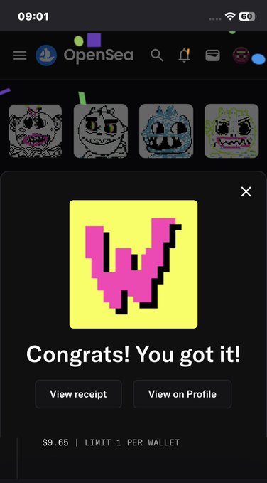 An OpenSea mobile interface displays a successful mint confirmation with "Congrats! You got it!" message for a pixelated pink and black NFT character on a yellow background, priced at $9.65 with a 1 per wallet limit. The image directly illustrates the user's bullish sentiment about their new WonkiesCC0 mint, showing the celebratory purchase confirmation screen.