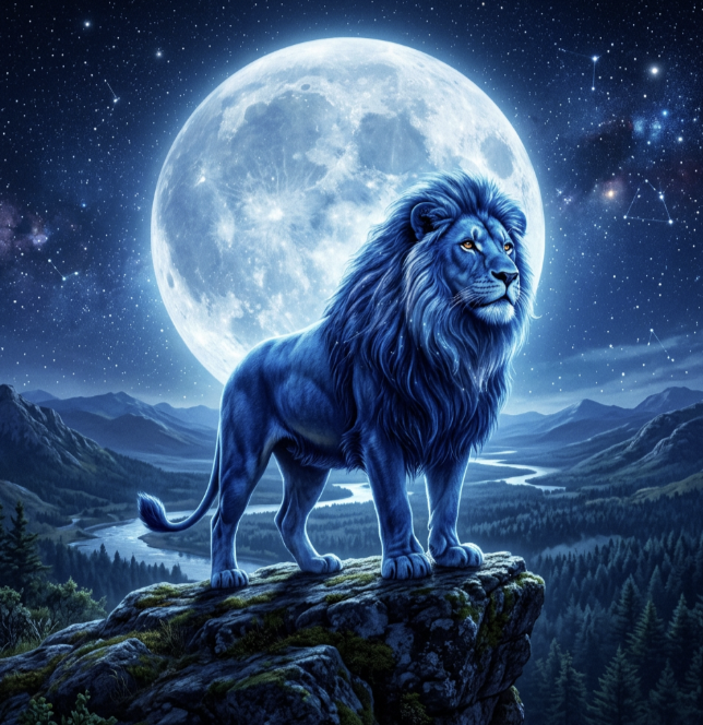 The image features a majestic blue lion standing on top of a cliff or rock formation, with a full moon visible behind him. The sky above them is dark blue, creating an atmosphere of mystery and tranquility. The caption below the image reads "The Next Blue moon is on May 31st. August 19, 2024 August 31, 2023 October 31, 2026 Study the past 3 blue moon... don' get shaken out." This post seems to be a study or analysis of the moon's phases over time and their connection with the lion's presence in the image.
