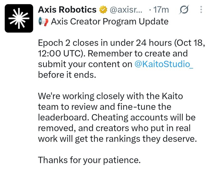 A Twitter/X post by @axisr... announcing an "Axis Creator Program Update," noting Epoch 2 closes under 24 hours on Oct 18, 12:00 UTC, with warnings about removing cheating accounts in collaboration with @KaitoStudio_.