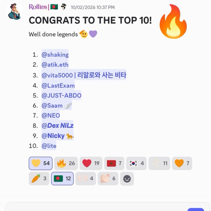 A social media post from user Rollins dated 10/02/2026 congratulates a Top 10 list including @shaking, @atik.eth, @vita5000, @LastExam, @JUST-ABDO, @Saam, @NEO, @Dex, @Nicky, and @lite, with various emoji reactions below.