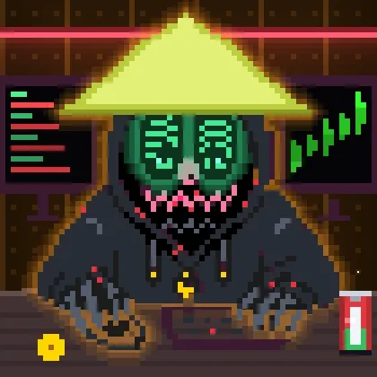 Pixel art of a menacing figure wearing a yellow straw hat with glowing green digital eyes and sharp teeth, sitting at a desk in front of computer monitors.