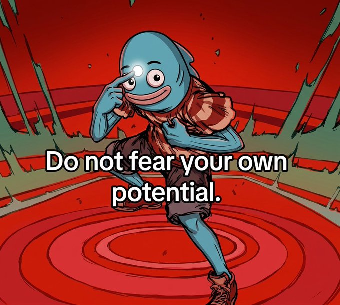 An anime/manga-style illustration of a blue-skinned character running on a red spiral, holding a football, with the text 'Do not fear your own potential.' overlaid.