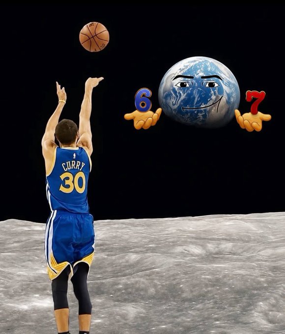 Steph Curry, wearing his #30 Warriors jersey, shoots a basketball on the moon's surface toward a personified Earth holding a "6" and "7," visually representing the "67 Balling" game referenced in the post where nearly $10k has already been claimed in just the first quarter.