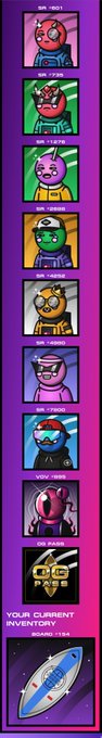 A vertical inventory screen from a space-themed game showing various character slots (SIR-001 through SIR-006, VOID-9999, and OG PARK) with alien-like characters and a rocket at the bottom.