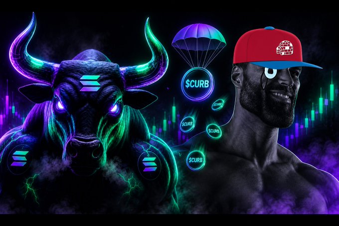 A neon-lit black bull with glowing green and purple eyes stands alongside a smiling man wearing a red and blue cap, both set against a candlestick chart background with floating "$CURB" tokens dropping from parachutes, visually representing the token airdrop to "The Black Bull" ANSOM mentioned in the post.