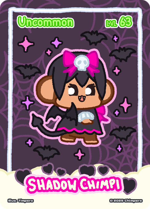 An illustrated character card for 'SHADOW CHIMPI', a cartoon monkey dressed in a gothic outfit with a pink bow and bat wings, labeled 'Uncommon' and 'LVL 63', illustrated by 'Yimpers' and copyrighted '2025 Chimpers'.